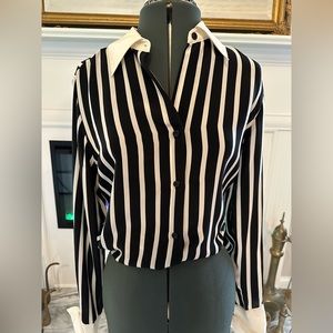 100% Silk Black and White Striped Blouse - Size 4